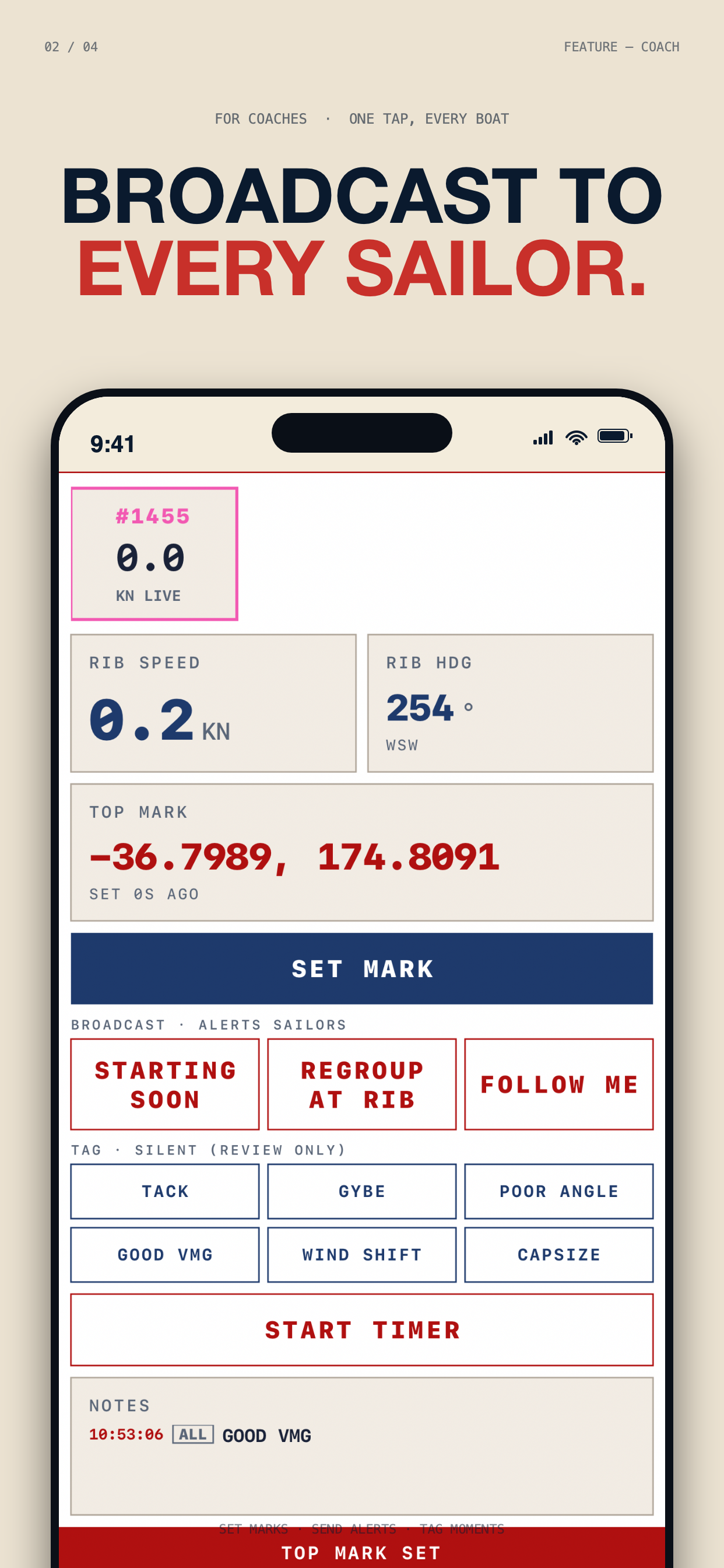 Sail Dash coach view showing RIB speed, heading, top mark coordinates, broadcast buttons, quick tag grid and start timer