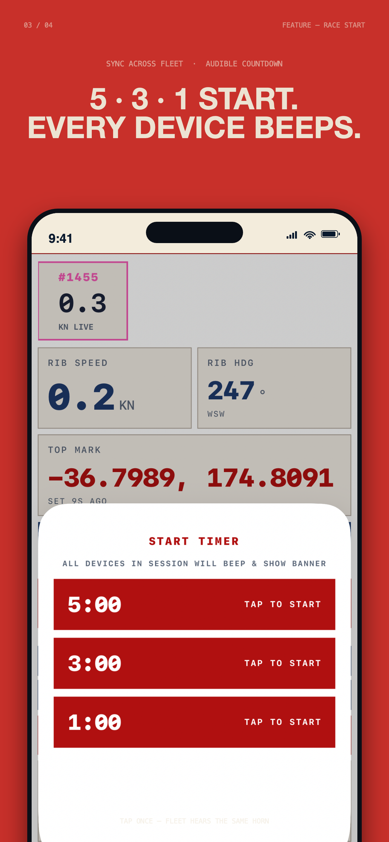 Sail Dash start timer sheet with 5:00, 3:00 and 1:00 options, all backed by red flag colours
