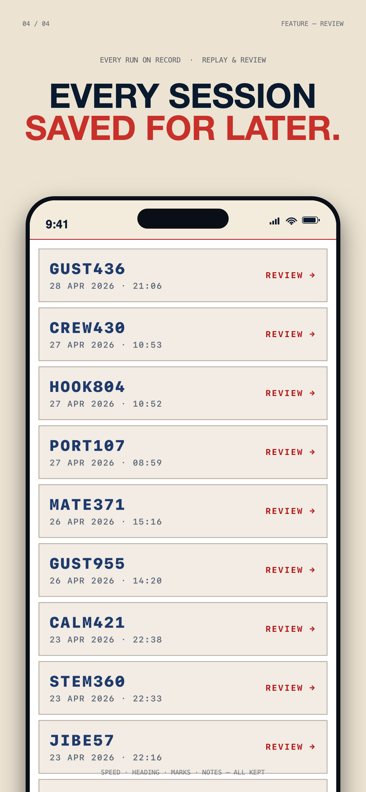 Sail Dash session review showing map track of a sailor, top mark, speed chart over time, peak and average speed